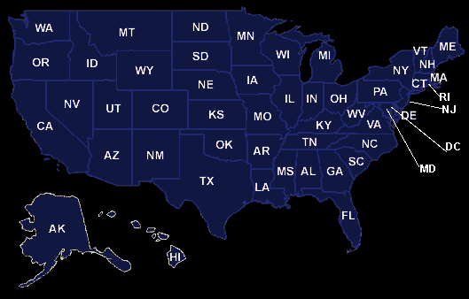 map of america states. Click on a state to search for