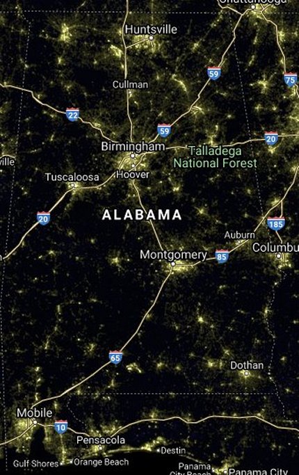 AL light pollution satellite image
