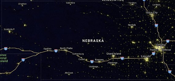 NE light pollution satellite image