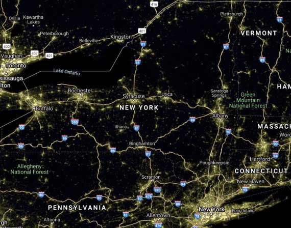 NY light pollution satellite image