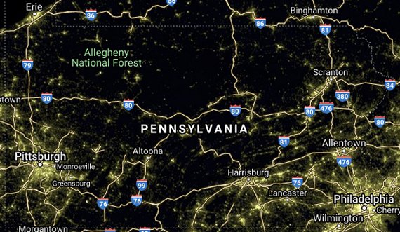 PA light pollution satellite image