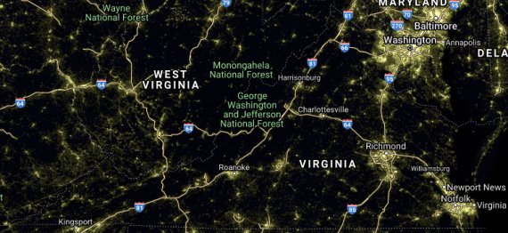 VA light pollution satellite image