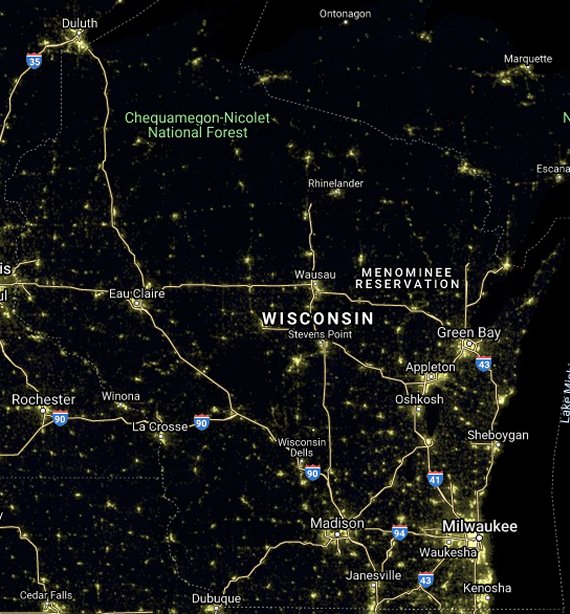 WI light pollution satellite image